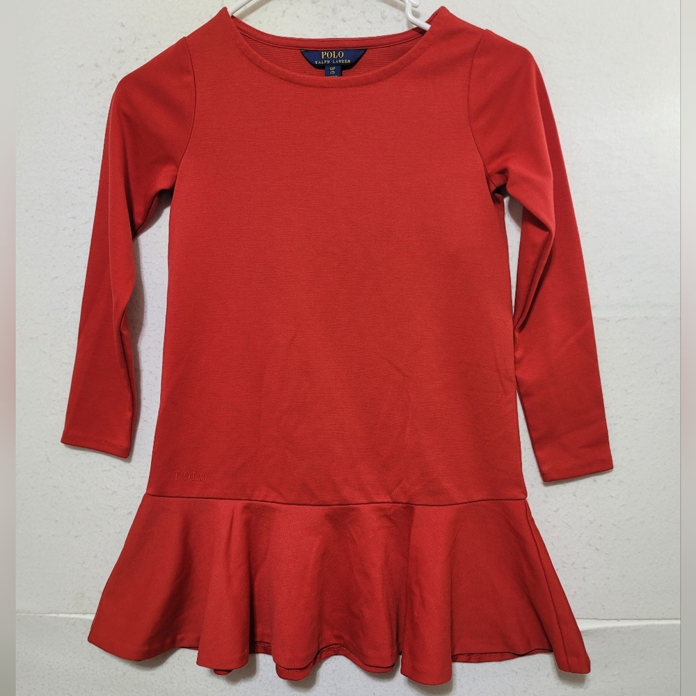 POLO RALPH LAUREN GIRL'S VIBRANT RED RUFFLE HEM LONG SLEEVE DRESS SIZE S/P(7)